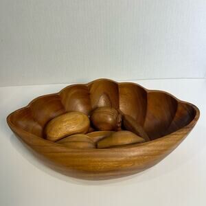 Mid Century Modern Wooden Bowl W/ Carved Wooden Fruit Vintage Decor Minimalist